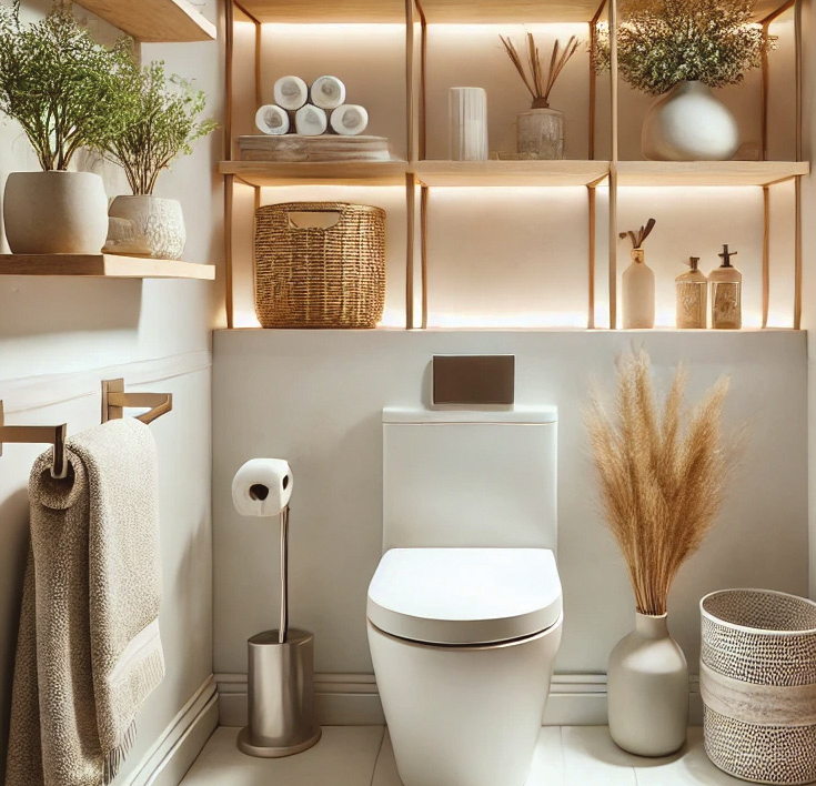 Wooden floating shelves above a toilet, paired with decorative baskets, add both functionality and charm.