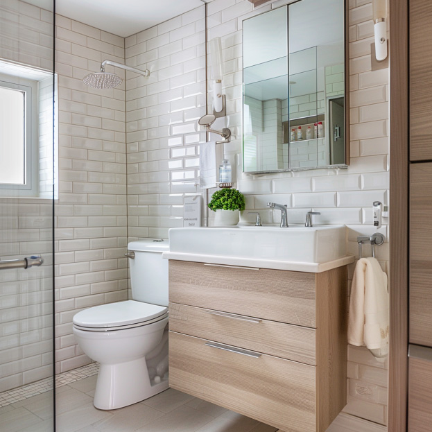 White subway tiles, a light wood vanity, and a plant create a clean, inviting look.